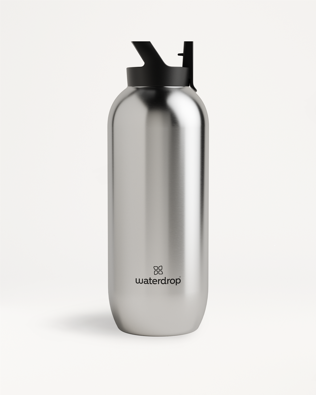 All-Purpose Thermo ? Straw Lid: A silver, double-walled stainless steel water bottle with a black straw lid, designed to keep drinks cold for up to 24 hours.