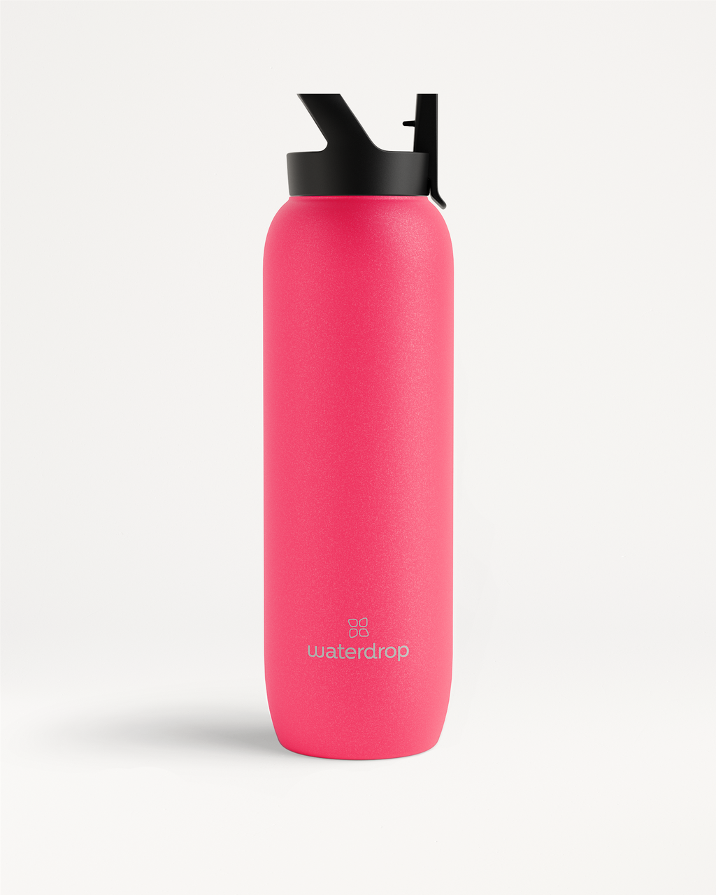 All-Purpose Thermo ? Straw Lid, a pink water bottle with a black lid, features double-walled insulation for 24-hour cold drinks and an extra-large opening for ice cubes.