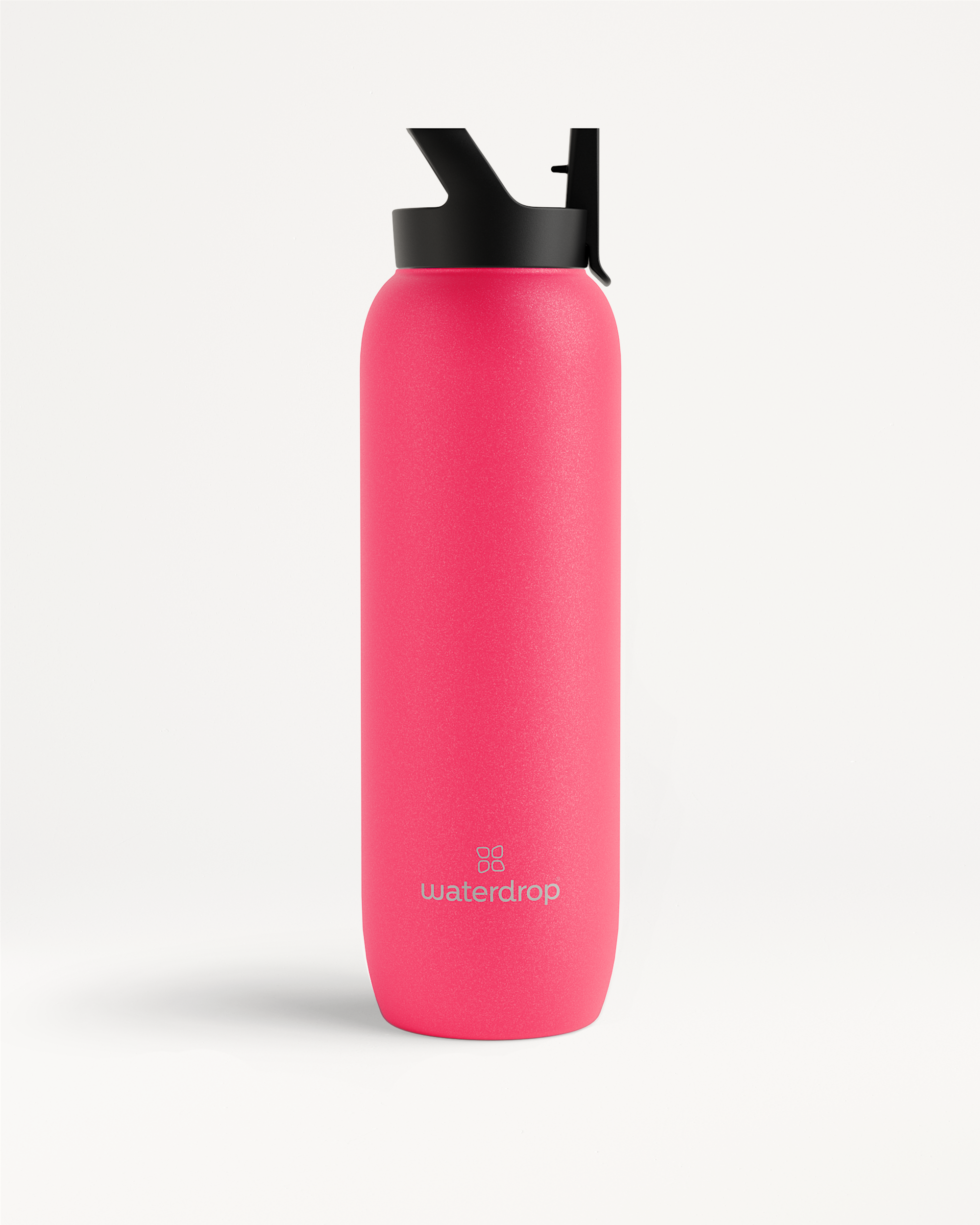 All-Purpose Thermo ? Straw Lid, a pink water bottle with a black lid, features double-walled insulation for 24-hour cold drinks and an extra-large opening for ice cubes.
